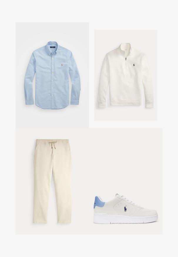 Valge neljandiku tõmblukuga pullover, millel on pikad varrukad, kõrge krae ja vasakul rinnal must Polo Ralph Laureni logo, mis on tikandina.; Heledad sinine pika varrukaga nööpidega särk, mis on valmistatud puuvillast, klassikalise kraega ja rinnal on väike punane tikandiga logo.; Kreemjatavad vabaaja püksid elastse vöökoha ja tõmbluku, sirgete jalgade ja küljetaskutega tavalise tausta ees.; Madala valge tennisejalanõu sinise kandeklapi, valgete paelte ja tumeda hobuse ja ratsaniku logoga küljel, näidatud küljelt.