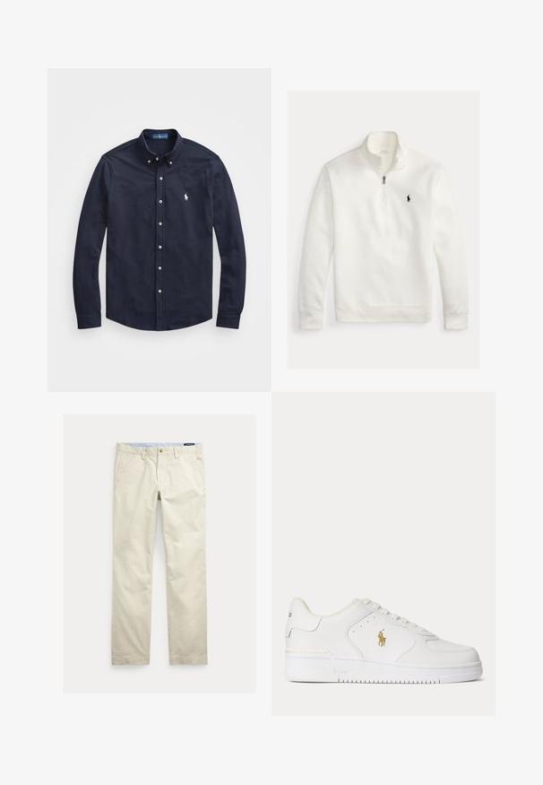 Hvid quarter-zip pullover med lange ærmer, høj krave og lille sort Polo Ralph Lauren-logo broderet på venstre bryst.; Marineblå langærmet button-up skjorte med krave, frontknapper og et lille hvidt logo på venstre bryst, lavet af blødt bomuldsstof.; Beige bomuld straight-leg bukser med bæltestropper, forreste knap, lynlås og sidelommer.; Hvid lavtopet lædersneaker med hvide snørebånd og et gyldent Polo Ralph Lauren-logo på siden samt "Polo" præget på sålen.