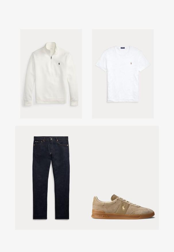 Hvid quarter-zip pullover med lange ærmer, høj krave og lille sort Polo Ralph Lauren-logo broderet på venstre bryst.; Hvid T-shirt med rund hals og korte ærmer med lille broderet Polo Ralph Lauren-logo på venstre bryst og blå mærkeetiket indvendigt i kraven.; Mørkeblå denimjeans med fem lommer, knap- og lynlås-lukning og synlige gyldne syninger, vist fladt på en lys baggrund.; Beige ruskind og læder lav-top sneaker med gummisål, hvide snørebånd og Polo-logo på siden og sålen.