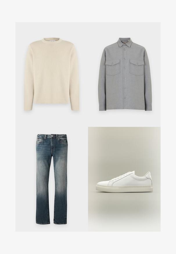 Beige langærmet rundhalset sweater med subtilt lille logo på venstre bryst, vist på ensfarvet hvid baggrund.; Lyst grå langærmet skjorte med knapper, spids krave og to forreste klaplommer med knapper.; Herre lige pasform blå denim jeans med falmet vask og fem-lomme design mod en hvid baggrund.; Hvid lavtop sneaker med snørebånd foran og tyk sål, vist fra siden mod en neutral baggrund.