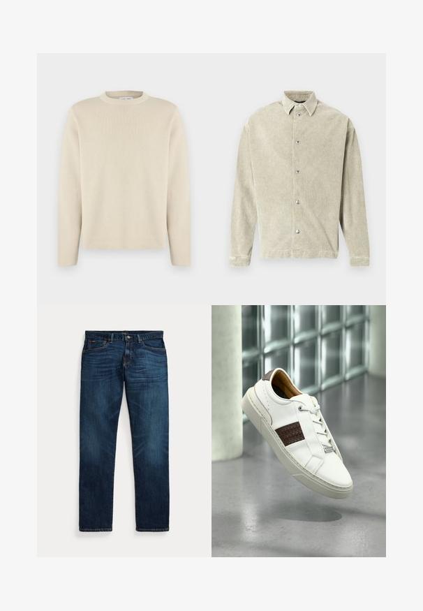 Jersey beige de manga larga con cuello redondo y pequeño logo sutil en el lado izquierdo del pecho, presentado sobre un fondo blanco liso.; Camisa de tela texturizada verde claro con cuello estándar, mangas largas y cierre frontal con botones plateados.; Vaqueros de mezclilla azul oscuro con un leve desvanecimiento en los muslos y bolsillos, cierre de botón y cremallera, y diseño de cinco bolsillos, colocados planos sobre un fondo blanco.; Zapatilla blanca de cuero con un detalle tejido marrón, que presenta cordones redondos, una suela de goma texturizada y elementos de diseño minimalistas.
