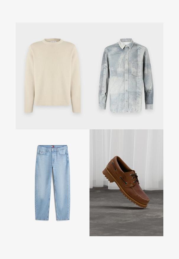 Pull beige à manches longues avec col rond et un petit logo subtil sur la poitrine gauche, présenté sur un fond blanc uni.; Chemise boutonnée en bleu clair avec un motif texturé, dotée d'un col, de manches longues et d'une poche poitrine unique.; Jean bleu clair évasé avec poches avant, passants de ceinture, fermeture par bouton et petit logo sur la poche avant droite.; Chaussure de bateau en cuir marron avec des lacets noirs, des coutures beiges et une semelle robuste, suspendue au-dessus d'un sol en béton gris.