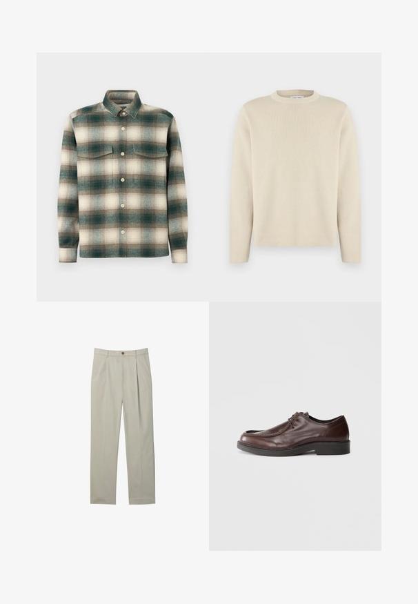Beige langærmet rundhalset sweater med subtilt lille logo på venstre bryst, vist på ensfarvet hvid baggrund.; Rutig skjorte i nuancer af grøn, beige og brun. Fremstillet af tekstureret stof med knaplukning foran og to brystlommer.; Lyse beige skræddersyede bukser med forreste læg, sidelommer, bæltestropper og knaplukning på hvid baggrund.; Brune lædersko med rund tå, minimal syning og en solid sort sål. Har snørelukning og en glat overflade.
