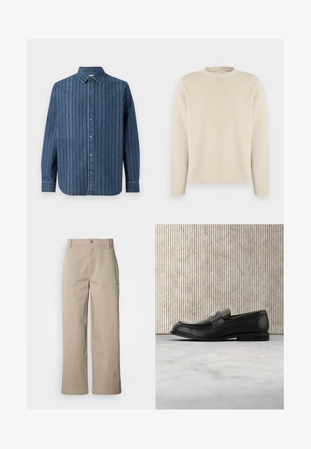 Beiger Langarm-Pullover mit Rundhalsausschnitt und einem dezenten kleinen Logo auf der linken Brust, dargestellt vor einem schlichten weißen Hintergrund.; Samsøe Samsøe SADAMON SHIRT - Hemd - denim; Beige Hosen mit weitem Bein aus Baumwolle; mit vorderen aufgesetzten Taschen, einem Knopfverschluss und sichtbaren Nähten entlang der Säume.; Schwarzer Lederloafer mit einer Metallmarkenplatte, der nahe einem braunen runden Tisch auf beigem Teppichboden ruht.