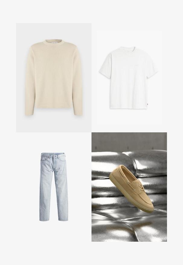Jersey beige de manga larga con cuello redondo y pequeño logo sutil en el lado izquierdo del pecho, presentado sobre un fondo blanco liso.; Camiseta de algodón blanca con mangas cortas, cuello redondo y un sutil logo "Levi's" impreso en color claro en la parte frontal.; Vaqueros de mezclilla de color azul claro con un diseño de pierna recta, cierre de botón, cinco bolsillos y una textura de desgaste sutil. Presenta detalles de metal.; Zapato náutico de ante beige con detalles de cordones, flotando sobre una superficie de cuero plateado metálico brillante y capitoné.