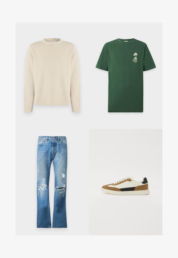 Beige pitkähihaista pyöreäkaulaista neulepuseroa, jossa on hienovarainen pieni logo vasemmassa rintataskussa, esitetty yksinkertaisella valkoisella taustalla.; Tummanvihreä lyhythihainen t-paita, jossa on pieni valkoinen bonsaipuu ja teksti "Bonsai Gardens" vasemmassa rinnassa.; Sininen suora lahje denim-farkut, joissa on haalistunut pesu ja useita kuluneita repeämiä molemmissa polvissa ja ylemmissä reisissä.; Tennarit, jotka sisältävät sekoituksen valkoisia, ruskeita ja mustia materiaaleja, ja joissa on mokkanahka- ja nahkarakenne, pyöreä kärki sekä litteä kumipohja.
