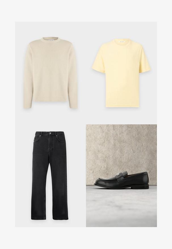 Beige langærmet rundhalset sweater med subtilt lille logo på venstre bryst, vist på ensfarvet hvid baggrund.; Blød gul T-shirt med korte ærmer og rund hals med en afslappet pasform på en ensartet lys baggrund.; Sorte lige ben jeans med forlommer, bæltestropper og knaplukning på hvid baggrund.; Sort læderloafer med metalbrandskilt hvilende nær et brunt rundt bord på beige tæppe.