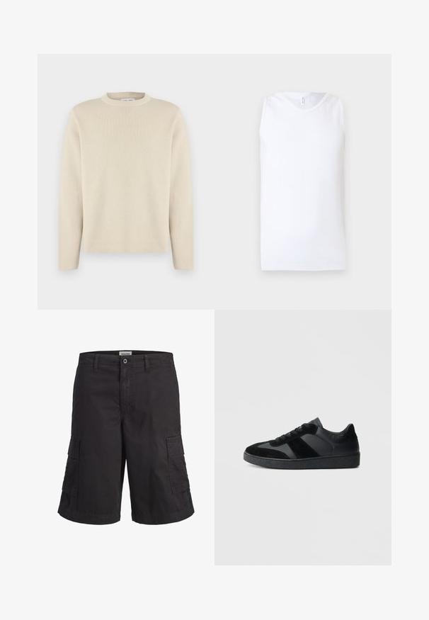 Pull beige à manches longues avec col rond et un petit logo subtil sur la poitrine gauche, présenté sur un fond blanc uni.; Débardeur blanc sans manches en tissu côtelé avec encolure ronde sur fond clair uni.; Short cargo noir avec passants de ceinture, fermeture à bouton et zip, et deux grandes poches latérales, présenté sur un fond blanc.; Baskets noires combinant cuir lisse et daim, avec une semelle en caoutchouc noire texturée et un détail de rayures discrètes.