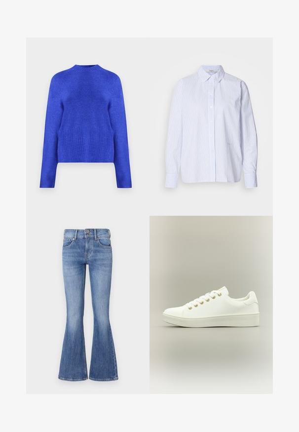 Pull en maille bleu avec un col montant, un ourlet côtelé et des manches longues. Texture lisse avec une coupe légèrement ample et des fentes sur les côtés.; Chemise à rayures bleu clair et blanche à manches longues avec un col boutonné, présentant une coupe décontractée et une texture de tissu lisse.; Jean en denim bleu évasé avec une taille mi-haute, cinq poches et un lavage clair. Présente un léger décoloration et des coutures contrastées.; Baskets blanches en matériau synthétique, avec une semelle plate, un bout arrondi, des œillets dorés et un design minimaliste.