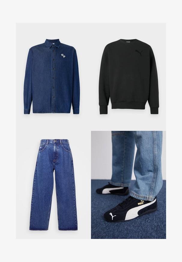 Sudadera negra de manga larga con cuello redondo, puños y dobladillo acanalados, con un sutil logo negro de Puma en el pecho izquierdo.; Camisa de denim azul oscuro con cierre de botones en la parte delantera, mangas largas y cuello puntiagudo. Presenta un logo "RP" bordado en blanco.; Jeans de denim azul de pernera ancha con una cintura alta, que cuentan con cinco bolsillos, un cierre de botón y un ligero desgastado para dar textura.; Zapatillas de ante negras con acentos blancos, que presentan un logo dorado. Combinadas con unos jeans de mezclilla azul claro y colocadas sobre una superficie texturizada azul.