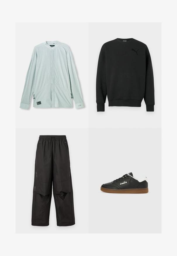Sort langærmet crewneck-sweatshirt med ribbede ærmekanter og kant, med en subtil sort Puma-logo på venstre bryst.; Stribet langærmet skjorte i grøn og hvid. Har kinesisk krave, sidelukninger og en mærkeetiket nederst foran. Letvægtigt stof.; Sorte løstsiddende bukser med elastisk taljebånd, frontlommer med lynlås, knæpaneler og subtile reflekterende detaljer på siderne.; Sort lædersneakers med hvid hælkappe, gummisål, sorte snørebånd og sølvfarvet Diadora-logo på siden og sålen.