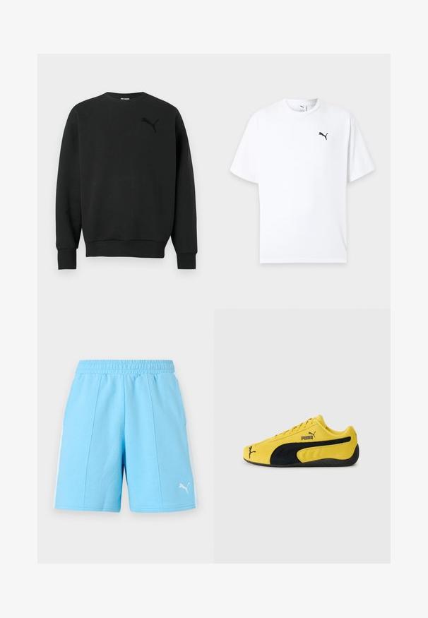 Sort langærmet crewneck-sweatshirt med ribbede ærmekanter og kant, med en subtil sort Puma-logo på venstre bryst.; Hvid t-shirt med korte ærmer og rund hals med en lille sort Puma-logo på venstre bryst mod en lys baggrund.; Lyseblå atletikshorts med elastisk linning, hvide sidelommer og Puma-logo foran på højre nederste ben.; Gul ruskinds sneakers med sorte ruskindsdetaljer. Har en struktureret sål, snørelukning og Puma-logo på siden og tungen.