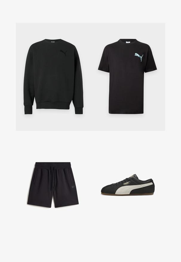Sweat-shirt noir à manches longues avec encolure ras du cou, poignets et ourlet côtelés, arborant un logo Puma noir discret sur le côté gauche de la poitrine.; T-shirt noir à manches courtes avec petit logo Puma bleu clair sur la poitrine gauche, sur fond blanc.; Shorts de sport noirs en tissu mélange de coton. Avec une taille élastique à cordon, des poches latérales et un petit patch logo.; Baskets Puma noires à profil bas avec une bande latérale beige, des lacets noirs et une semelle en gomme, montrant le côté extérieur gauche avec le logo "Puma Tackle".
