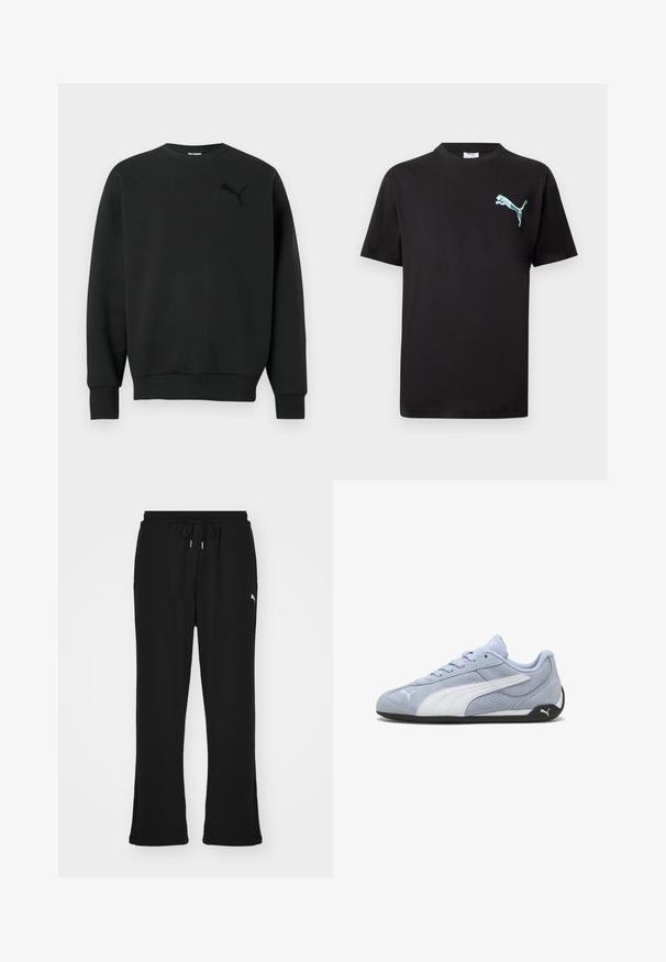 Sudadera negra de manga larga con cuello redondo, puños y dobladillo acanalados, con un sutil logo negro de Puma en el pecho izquierdo.; Camiseta negra de manga corta con un pequeño logotipo de Puma en azul claro en el pecho izquierdo sobre fondo blanco.; Pantalones de chándal negros con cintura elástica y cordón, con bolsillos laterales y un sutil logo en la pierna izquierda. Tela suave, forma acampanada.; Zapatilla deportiva de ante azul claro con detalles blancos, textura perforada y suela de goma negra. Cuenta con cordones y un logo lateral.