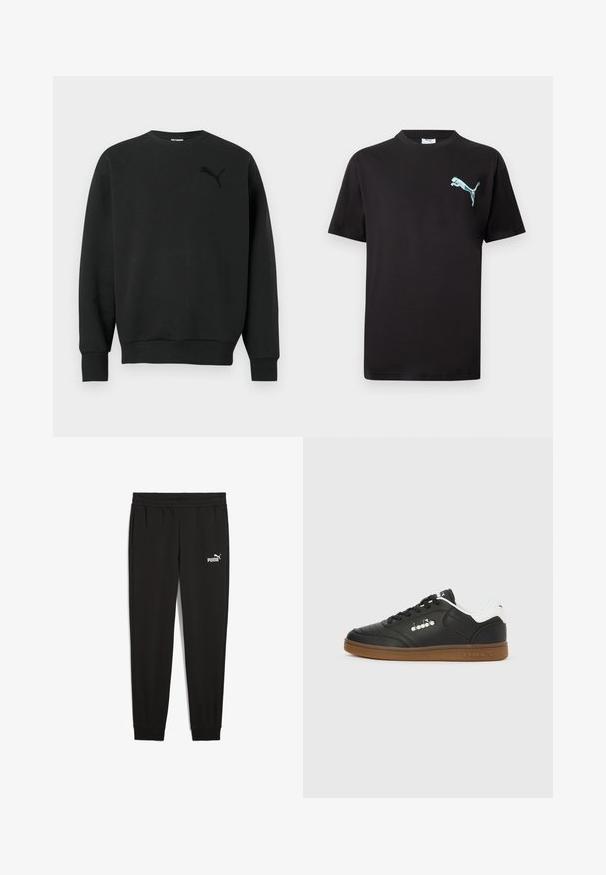 Sort langærmet crewneck-sweatshirt med ribbede ærmekanter og kant, med en subtil sort Puma-logo på venstre bryst.; Sort T-shirt med korte ærmer og lille lyseblåt Puma-logo på venstre bryst mod hvid baggrund.; Sorte sweatpants lavet af blødt stof, med en elastisk talje, sidelommer og et hvidt Puma-logo på venstre side.; Sort lædersneakers med hvid hælkappe, gummisål, sorte snørebånd og sølvfarvet Diadora-logo på siden og sålen.