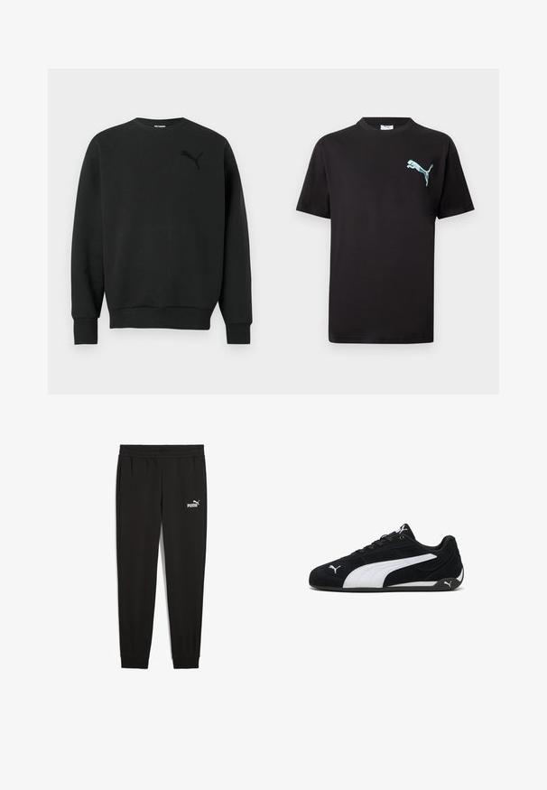 Zwarte, lange mouwen, ronde hals sweatshirt met geribbelde boorden en zoom, met een subtiel zwart Puma-logo op de linkerborst.; Zwart T-shirt met korte mouwen en een klein lichtblauw Puma-logo op de linkerborst tegen een witte achtergrond.; Zwarte sweatpants van zacht materiaal, met een elastische tailleband, zijzakken en een wit Puma-logo aan de linkerkant.; Zwarte suède sportschoenen met een witte zijstreep, witte merkaccenten, een platte zwarte zool en zwarte veters.