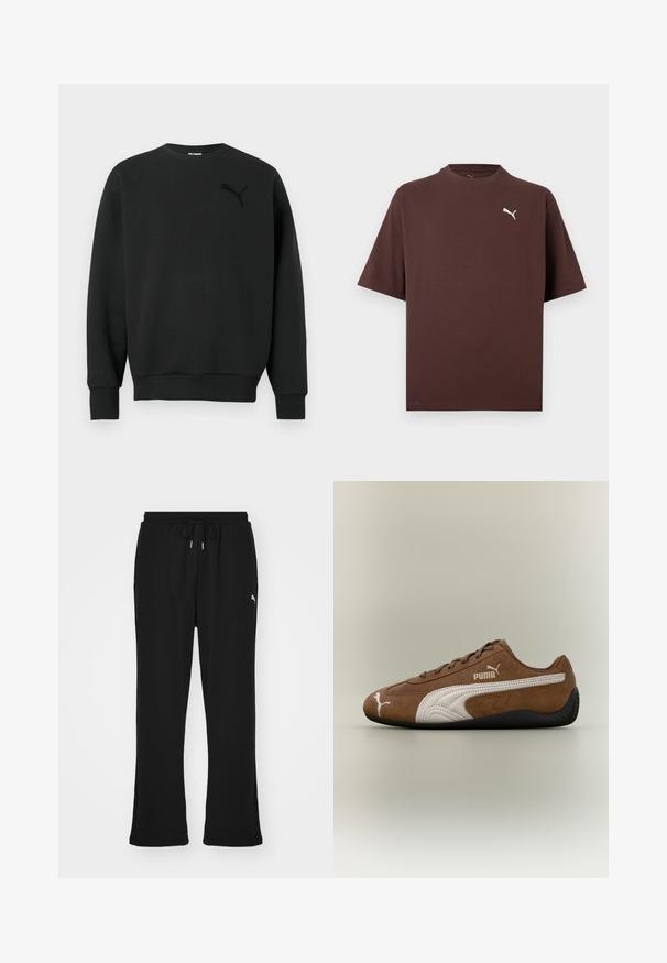 Sort langærmet crewneck-sweatshirt med ribbede ærmekanter og kant, med en subtil sort Puma-logo på venstre bryst.; Brun T-shirt med korte ærmer og rund hals med lille hvid Puma-logo på venstre bryst mod en hvid baggrund.; Sorte sweatpants med elastisk talje og snor, med sidelommer og et diskret logo på venstre ben. Blødt stof, flagrende form.; Brun ruskindsneaker med hvide accenter og tekstureret design. Har en sort gummisål og et fremtrædende Puma-logo på siden.