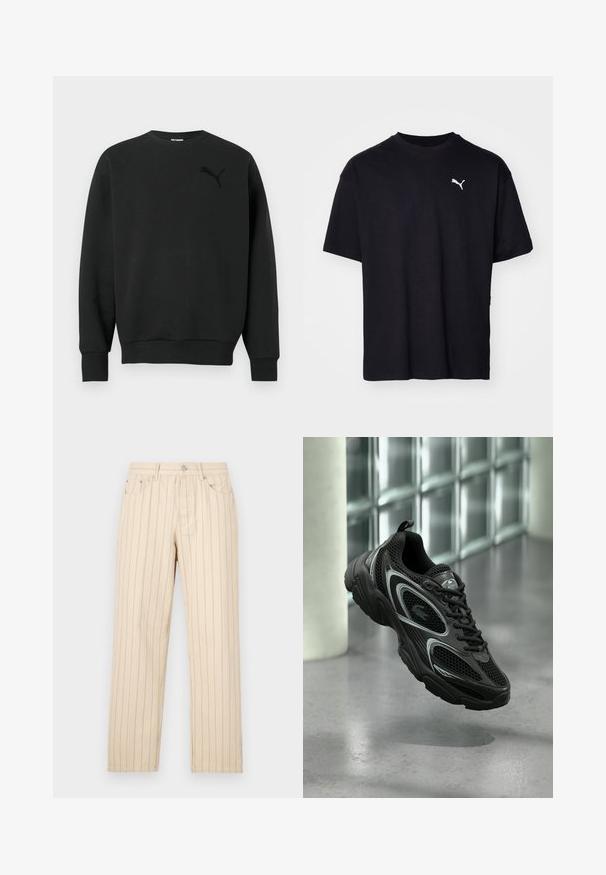 Must musta pika varrukaga ümara kaelusega dressipluus soonikkoes varrukate ja alläärega, vasakul rinnal peen must Puma logo.; Must ärav t-särk lühikeste varrukatega, ümmargune kaelus ja valge Puma logo vasakul ülaosas rinnal. Klassikaline lõige, sile tekstuur.; Beežid sirged püksid vertikaalsete triipudega, nupulukuga, vöökummarduse ja küljetaskutega. Kanga pind on sile.; Mustad sportkinga, mis on valmistatud võrgust ja sünteetilisest materjalist, omades tekstureeritud tallaga, sujuva disaini, hõbedaseid aktsente ja ees paeltega kinnitust.