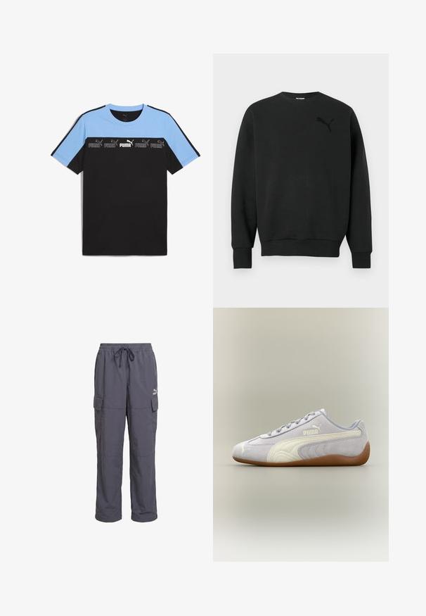 Sort langærmet crewneck-sweatshirt med ribbede ærmekanter og kant, med en subtil sort Puma-logo på venstre bryst.; Sort og lys blå kortærmet T-shirt med rund hals. Har et vandret bånd, der viser flere Puma-logoer i hvid og sort.; Mørkegrå løstsiddende cargobukser med elastisk taljebånd, snøre og klaplommer på siderne, med Puma-logo på højre lår.; Lys grå Puma ruskindssneaker med hvid stribedetalje og gummisål, set fra ydersiden mod en neutral baggrund.