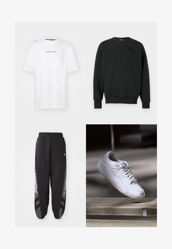 Must musta pika varrukaga ümara kaelusega dressipluus soonikkoes varrukate ja alläärega, vasakul rinnal peen must Puma logo.; Valge puuvillane T-särk lühikeste varrukatega, millel on väike must "BMW Motorsport" logo ja värvilised aktsendid õlgadel.; Mustad mustame spordipüksid on valmistatud pehmest materjalist. Omab elastset vöökohta, kitsenevaid jalgu, halli aktsentide ning valgeid logosid külgedel.; Valge sportlik toss, mille paelad rippuvad betoonpingi kohal hämaralt valgustatud sisevõimaluses.