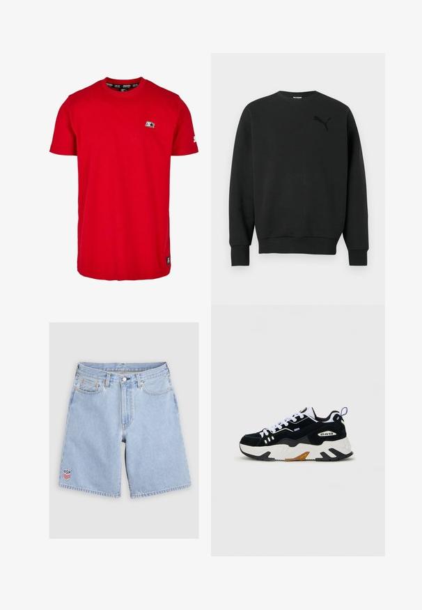 Sweat-shirt noir à manches longues avec encolure ras du cou, poignets et ourlet côtelés, arborant un logo Puma noir discret sur le côté gauche de la poitrine.; T-shirt en coton rouge avec un col rond, des manches courtes et un petit logo noir sur la poitrine gauche et la manche. Tissu uni et lisse.; Short en denim bleu clair avec poches avant, passants pour ceinture, fermeture par bouton et petit écusson en forme de bouclier des États-Unis sur la jambe gauche.; Baskets basses noir et blanc avec semelle épaisse, lacets blancs et détails de marque sur le côté, sur fond clair.