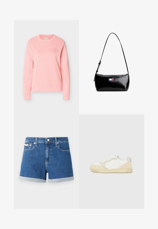 Lichtroze sweater met ronde hals, lange mouwen en een tonale geborduurde logo op de bovenste linkerkant van de borst.; Donkerblauwe denim shorts met omgeslagen zoom. Voorzien van een knoopsluiting en voorkanten zakken. Gladde textuur met subtiele stikdetails.; Witte en beige sneaker met een bovenwerk van suède en textiel, voorzien van contrasterende stiksels, een rubberen zool en een lichtblauwe accenten op de hiel.; Zwarte gepatineerde leren schoudertas met een gebogen schouderband, ritssluiting en een rechthoekig logo-opdruk in rood, wit en blauw.