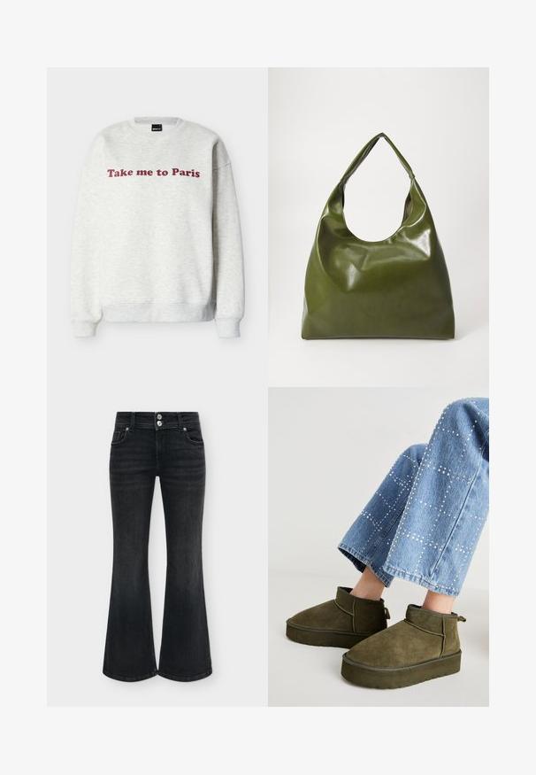 Lysegrå crewneck-sweatshirt med vinrød tekst "Take me to Paris" centreret på fronten, ribstrikkede manchetter og kant.; Sorte højtaljede flare jeans med dobbelt sølv-knaplukning, forlommer og brede benåbninger mod en ensfarvet baggrund.; Oliven grøn ruskinds ankelstøvler med en tyk, struktureret sål og en pull tab. Kombineret med lyseblå, udsmykkede denim jeans.; Grøn læder hobo taske med en slouchy design, buet håndtag og glat tekstur. Indeholder ingen synlig hardware eller accenter.