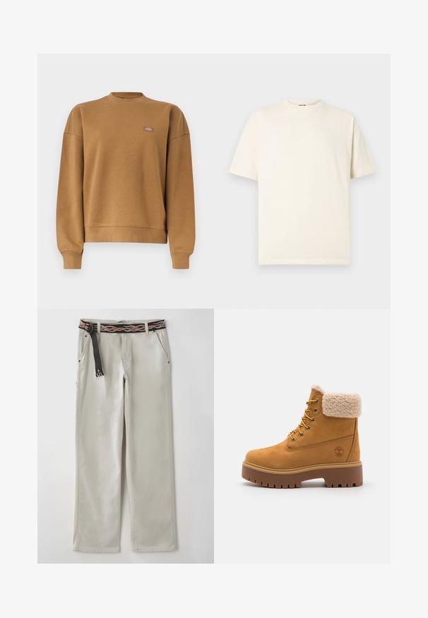 Braunes Sweatshirt mit Rundhalsausschnitt, gerippten Bündchen und Saum, mit einem kleinen rechteckigen Logoaufnäher auf der linken Brust.; Cremeweißes Baumwoll-T-Shirt mit kurzen Ärmeln, Rundhalsausschnitt und kleinem Logo auf der Vorderseite. Einfaches Design, weiche Textur und lockere Passform.; Hellgraue weit geschnittene Hose mit einem schwarzen Gürtel, der orangefarbene Flammenmuster aufweist. Aus Baumwolle gefertigt, mit seitlichen Taschen und einer entspannten Silhouette.; Beige Wildlederstiefel mit einem Kunstfellkragen, goldenen Ösen und einer kontrastierenden Gummisohle. Mit einem Logo an der Seite und strukturiertem Profil.