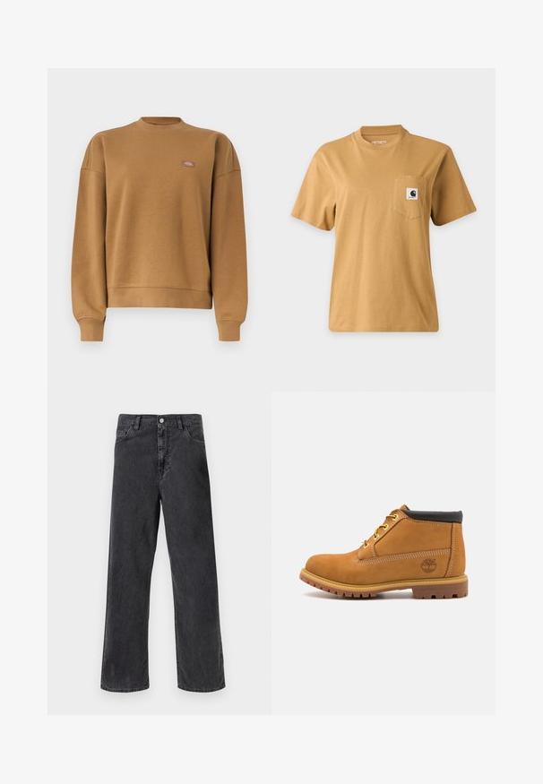 Bruine trui met ronde hals en geribbelde manchetten en zoom, met een klein rechthoekig logo op de linkerborst.; Effen bruine T-shirt met korte mouwen en een borstzakje met een vierkante merklogo-patch, getoond op een effen lichte achtergrond.; Zwarte denim jeans met een rechte pijp, voorzien van een metalen knoopsluiting, vijf zakken en zichtbare stiksels. Soepele textuur en gedempte kleur.; Tan suède enkellaars met een zwarte gewatteerde kraag, gele veterogen en een getextureerde rubberen zool. Voorzien van een bedrukt logo aan de zijkant.