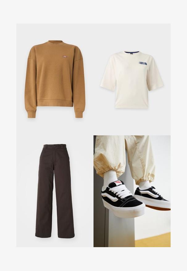 Bruine trui met ronde hals en geribbelde manchetten en zoom, met een klein rechthoekig logo op de linkerborst.; Wit T-shirt met korte mouwen met een klein blauw The North Face-logo op de bovenste linkerborst.; Bruine wijde broek met knoopsluiting en riemlussen, gemaakt van duurzame stof, met een gladde textuur en strakke lijnen.; Persoon die zwart-witte Vans sneakers draagt met witte veters, witte sokken en beige broek met elastische manchetten.