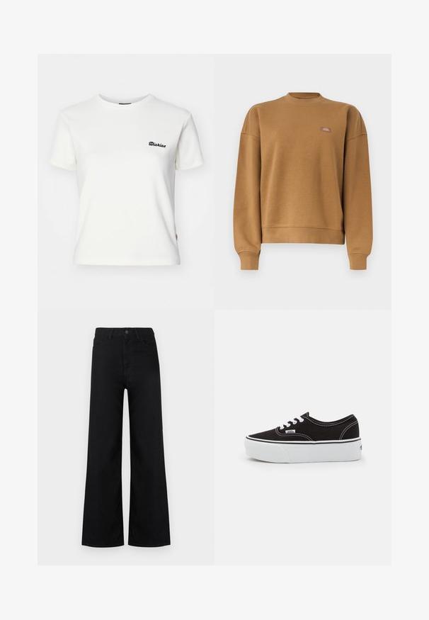Sudadera marrón con cuello redondo, puños y cintura acanalados, con un pequeño parche de logo rectangular en el pecho izquierdo.; Camiseta blanca de manga corta hecha de algodón suave, con un pequeño logo negro de "Dickies" en el pecho izquierdo y un corte ligeramente ajustado.; Vaqueros negros de pierna ancha y cintura alta con bolsillos delanteros y traseros, cierre de botón y cremallera, mostrados sobre fondo blanco.; Zapatilla de lona negra con suela de plataforma de goma blanca, que presenta cordones y costuras blancas, con branding icónico en el lateral, diseño de corte bajo.