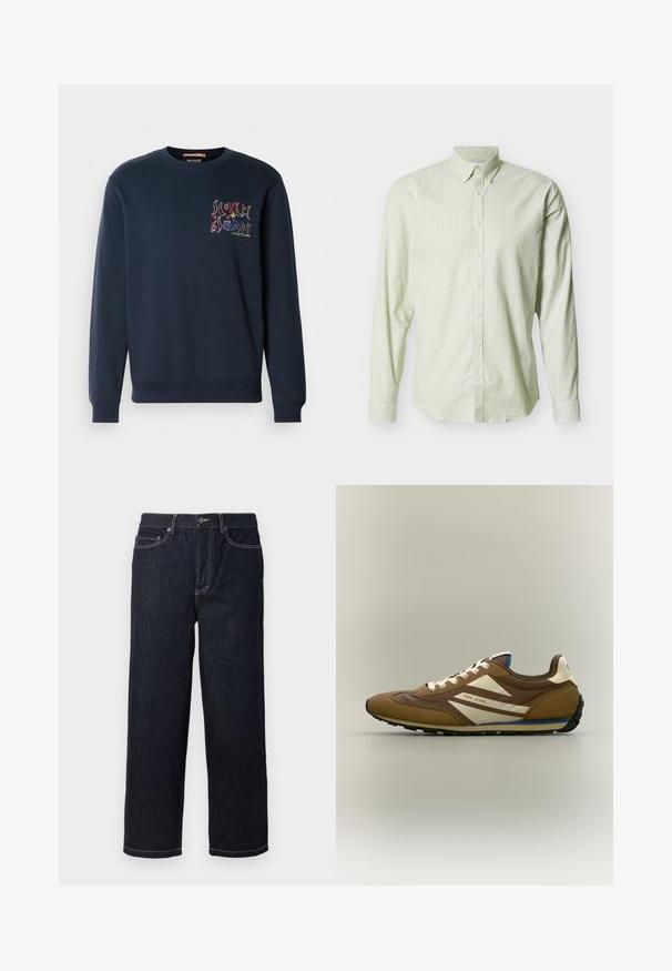 Navyblaues Sweatshirt mit geripptem Rundhalsausschnitt, langen Ärmeln und einem farbenfrohen Grafiklogo auf der linken Vorderseite. Weicher Stoff.; Langärmliges Hemd mit Knöpfen, hellgrünen und weißen vertikalen Streifen und einem mit Knöpfen versehenen Kragen vor einem schlichten Hintergrund.; Dunkelblaue gerade geschnittene Jeans aus Denim mit fünf Taschen und weißen Kontrastnähten, Knopfverschluss und Gürtelschlaufen.; Brauner und beiger Sneaker mit niedrigem Schaft, weißen Schnürsenkeln und Pepe Jeans-Logo an der Seite, mit schwarzer Sohle und blauen Akzenten.