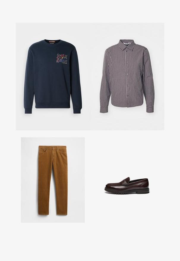 Mørkeblå sweatshirt med ribbet crew neck, lange ærmer og et farverigt grafisk logo på venstre side foran. Blød stoftekstur.; Knapp-up skjorte med lange ærmer, vertikalt og horisontalt mønster i marineblå og burgunder, krave og to knapper foran.; Brune cowboybukser med et lige ben design, som har fem lommer og en lukning med metal knap i taljen. Tekstureret stof.; Brune læder loafers med en ruskindsdetalje, rund tå og tekstureret gummisål. Har syet detaljering og en let hæl.