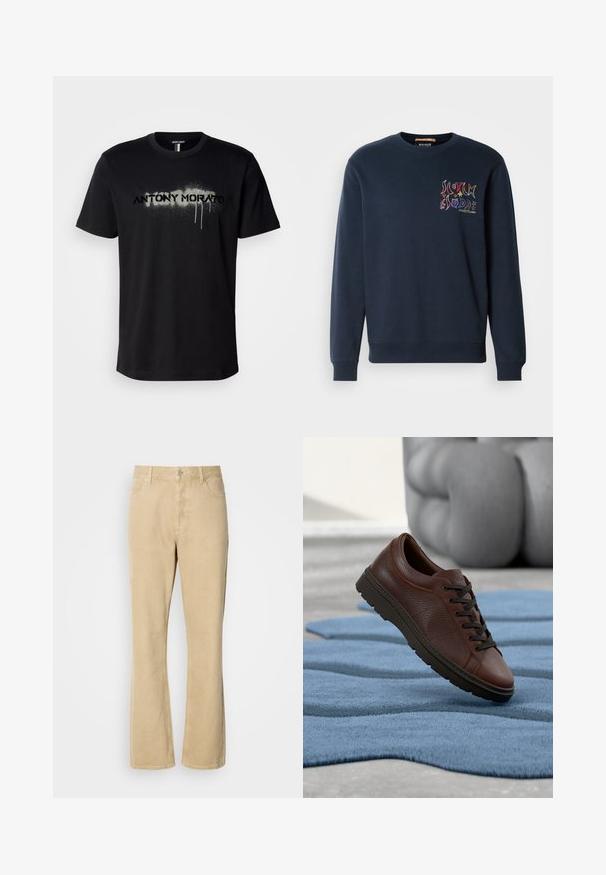 Sudadera de color azul marino con cuello redondo acanalado, mangas largas y un colorido logo gráfico en el lado izquierdo del frente. Tejido suave.; Camiseta de algodón negra con un gráfico de texto en spray "ANTONY MORATO" en gris con detalles de goteo, mangas cortas y cuello redondo.; Pantalones de pana beige de corte acampanado con cierre de botón y cremallera, que cuentan con cinco bolsillos y costuras visibles a lo largo de las piernas. Textura suave.; Zapatilla de cuero marrón con acabado texturizado, punta redonda y cordones oscuros. Suela de goma con perfil bajo. Colocada sobre una alfombra azul.