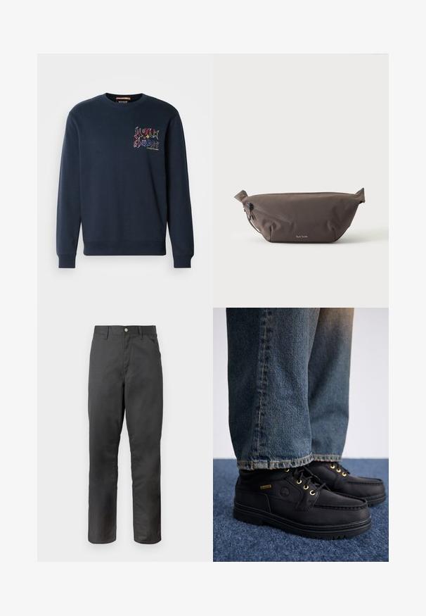Sudadera de color azul marino con cuello redondo acanalado, mangas largas y un colorido logo gráfico en el lado izquierdo del frente. Tejido suave.; Pantalones negros de corte recto hechos de una tela suave con cierre de botón y bolsillos laterales. Diseño sencillo sin patrones ni adornos visibles.; Zapatos de cuero negro con ojales dorados y un acabado texturizado, combinados con jeans de mezclilla azules. Los zapatos presentan una suela en capas y un detalle de marca.; Riñonera de tela marrón oscuro con bolsillo diagonal con cremallera y pequeño logo blanco en el frontal, sobre un fondo liso y claro.