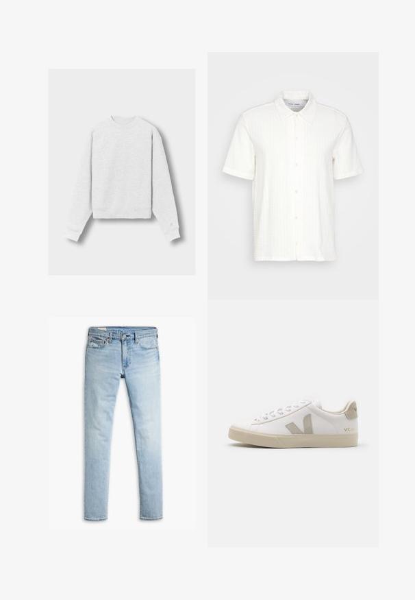 Sweatshirt à col rond à manches longues gris clair avec des poignets et un ourlet côtelés, posé à plat sur un fond neutre.; Chemise blanche à manches courtes avec un motif texturé, col pointu et fermeture à boutons sur le devant. Fabriquée en tissu léger.; Jeans en denim slim-fit bleu clair avec fermeture à bouton et fermeture éclair, poches avant et passants de ceinture sur fond blanc.; Baskets en cuir blanc avec des accents beiges, semelle plate en caoutchouc, bout rond et logo contrastant sur le côté et à l'arrière. Design à lacets.