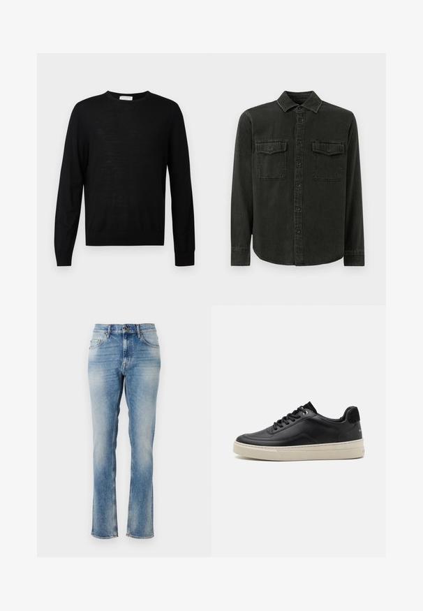 Must mustre ja pikkade varrukatega sviiter, mis on valmistatud pehmest kangast, ümmarguse kaeluse, ribidega mansettide ja sirge äärega. Minimalistlik disain, ilma mustriteta.; Tumedat rohelised nööbitavad särk, mis on valmistatud pehmest kangast, kaelusega, kahe rinnataskuga, pikkade varrukatega ja sirge äärega.; Hele sinine denim teksad sirge lõikega disainiga, millel on kerged pleekimisefektid, viis taskut ja tikand aktsendid vöökoha ja ääres.; Must musta sisenemine mustast nahast, millel on kreemjas värvi kummitald, ümmargune nina ja paeltega disain, mida kaunistab must nubukist konts.