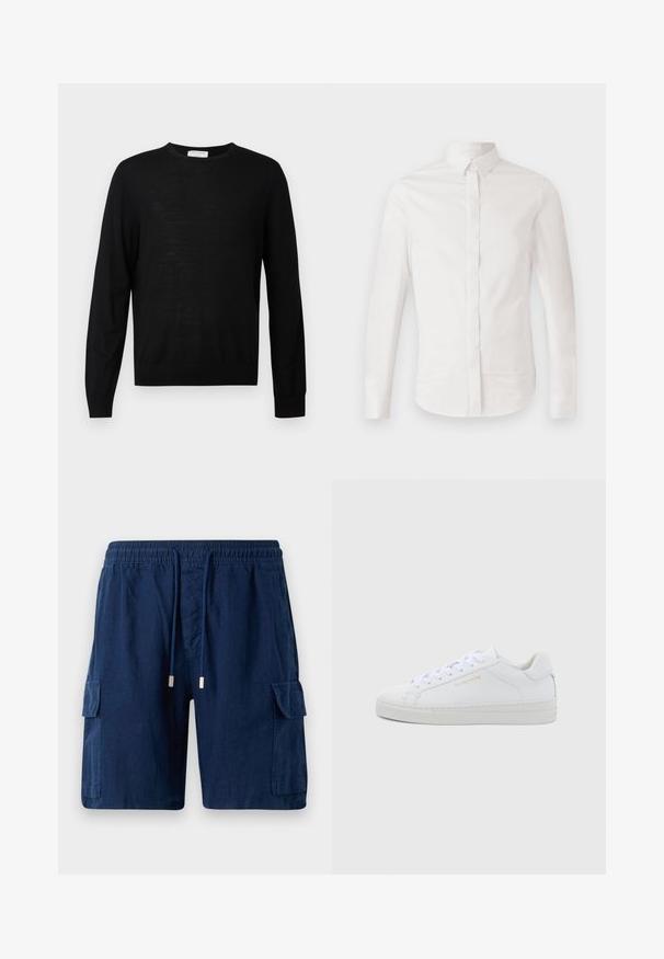 Zwarte longsleeve trui gemaakt van zachte stof, met een ronde halslijn, geribbelde manchetten en een rechte zoom. Minimalistisch ontwerp, zonder patronen.; Wit langemouwen shirt van zachte katoen, met een klassieke kraag, knoopsluiting aan de voorkant en een gebogen zoom, met subtiele geborduurde logo-detail.; Marineblauwe cargoshorts van lichtgewicht stof, met een elastische tailleband en trekkoord, twee zijzakken en één beenzak.; Witte leren lage sneakers met een ronde neus, platte veters, een gestructureerde zool en subtiele gouden branding aan de zijkant. Gladde oppervlakte en minimalistisch ontwerp.