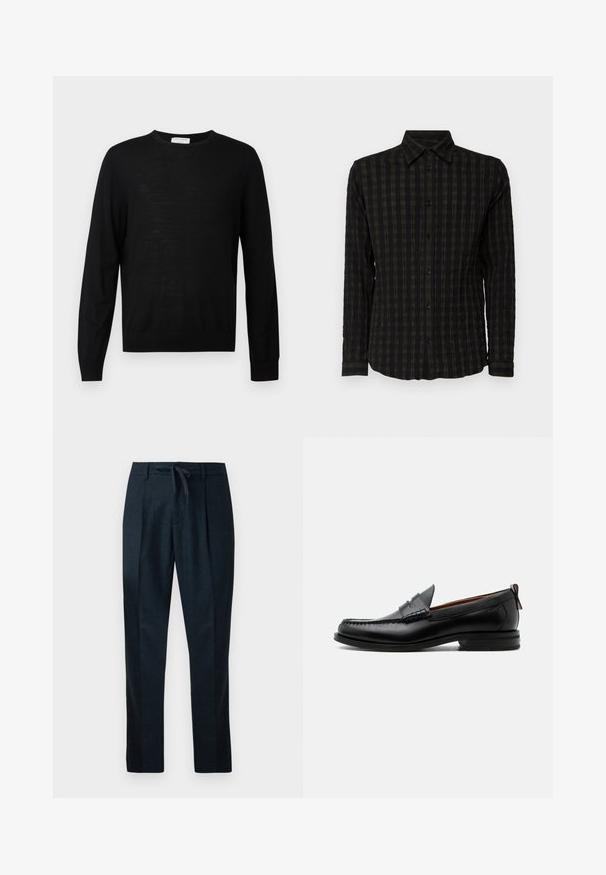 Sort langærmet sweater lavet af blødt stof, med rund halsudskæring, ribbede manchetter og lige kant. Minimalistisk design, ingen mønstre.; Sort langærmet skjorte med et tekstureret ternet mønster i mørke nuancer, med knaplukning foran, krave og manchetter med matchende striber.; Marineblå bukser lavet af tekstureret stof, med elastisk talje, lige ben og to frontfældinger for et skræddersyet udseende.; Sort læder herre loafer med moc-tå syning, penny strop, struktureret krave og lav stablet hæl på hvid baggrund.