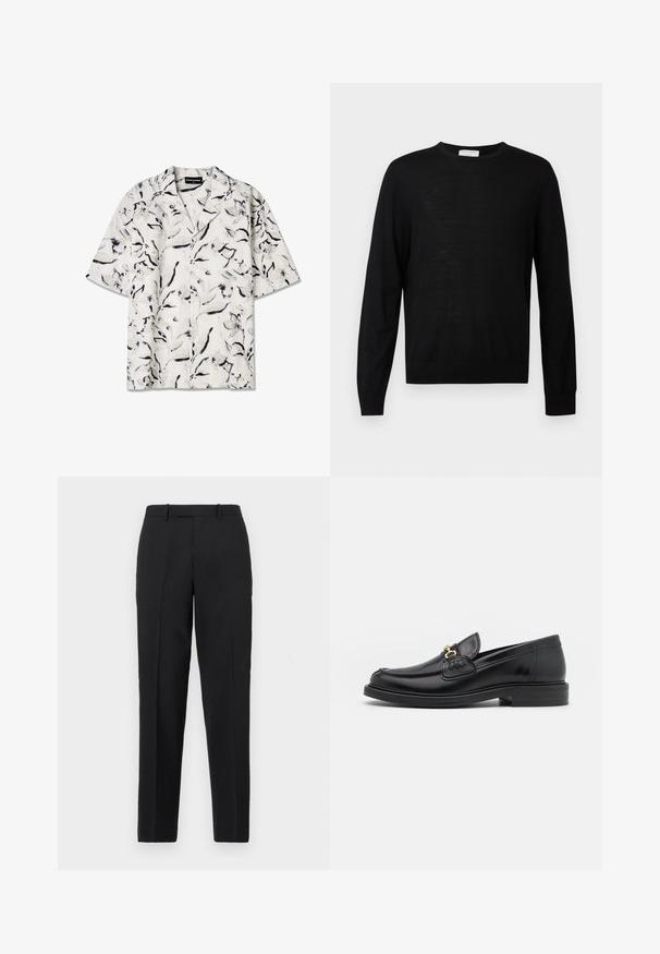 Zwarte longsleeve trui gemaakt van zachte stof, met een ronde halslijn, geribbelde manchetten en een rechte zoom. Minimalistisch ontwerp, zonder patronen.; Korte mouw, open-kraag shirt met een witte basis en zwarte en grijze bloemenpatronen. Lichtgewicht stof met knoopdetails.; Theory STRAIGHT - Broek - deep black; Zwarte leren instappers met een ronde neus, voorzien van een gouden hardware accent en stikdetails, geplaatst op een lage, getextureerde rubberen zool.