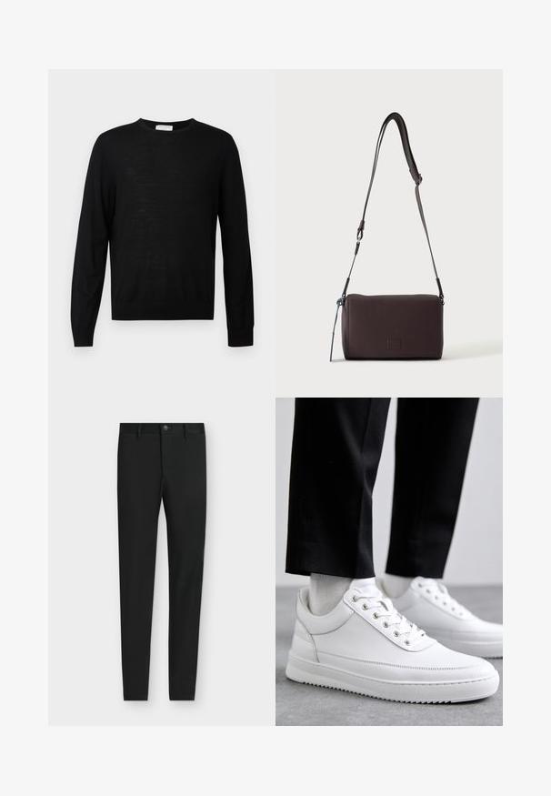 Pull noir à manches longues en tissu doux, avec un col rond, des poignets côtelés et un ourlet droit. Design minimaliste, sans motifs.; Pantalon noir coupe slim avec passants de ceinture, fermeture boutonnée et poches avant, présenté à plat sur un fond gris clair.; Baskets blanches en cuir avec une semelle en caoutchouc plat, présentant une finition lisse, un bout rond et des œillets en métal pour les lacets. Portées avec un pantalon noir.; Sac bandoulière en cuir marron foncé texturé avec une sangle réglable et un petit accent décoratif bleu sur le côté.
