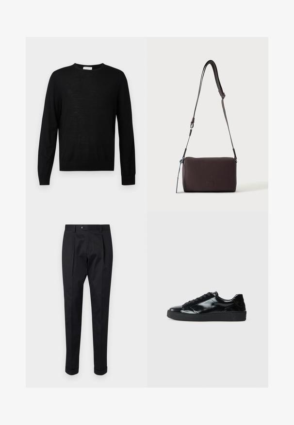 Sort langærmet sweater lavet af blødt stof, med rund halsudskæring, ribbede manchetter og lige kant. Minimalistisk design, ingen mønstre.; Sorte bukser lavet af et glat stof, der har en fold foran, en knaplukning og opsmøg ved anklerne.; Sorte laklæder sneakers med rund tå, snørredesign, tekstureret gummisål og en glat overflade.; Mørkebrun textured læder crossbody taske med justerbar rem og lille dekorativ blå accent på siden.