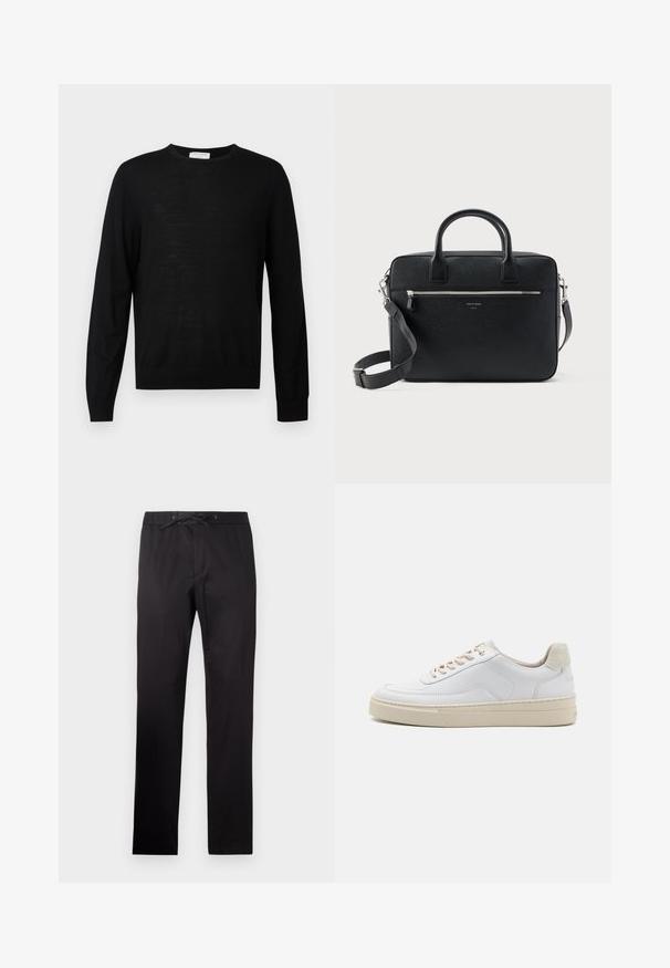 Suéter negro de manga larga confeccionado en una tela suave, con un escote redondo, puños acanalados y un dobladillo recto. Diseño minimalista, sin patrones.; Pantalones negros con cintura elástica y cordón. Presentan una textura suave y un diseño de pierna recta. Estilo minimalista sin patrones.; Zapatilla blanca con parte superior de cuero suave, cordones beige y un tirador de talón de ante beige texturizado. Suela elevada para mayor altura.; Maletín rectangular de cuero negro con textura, con doble asa, bolsillo frontal con cremallera y correa de hombro ajustable, mostrado sobre fondo blanco.