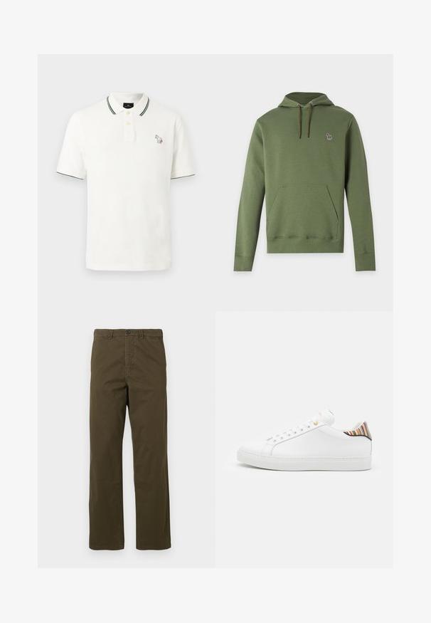 Sweat à capuche vert avec poche kangourou à l’avant et petit logo zèbre multicolore sur la poitrine gauche.; Polo blanc à manches courtes avec bordure vert foncé sur le col et les manches, deux boutons sur le devant, et petit logo brodé multicolore de cheval sur la poitrine.; Pantalons en coton marron pour hommes, coupe droite, avec passants de ceinture, bouton frontal et fermeture éclair sur fond clair.; Baskets en cuir blanc avec une finition lisse, présentant un accent rayé coloré au niveau du talon, des œillets dorés et une semelle blanche plate.