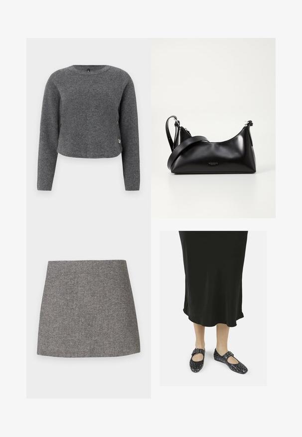 Grå strikket sweater med lange ærmer, rund hals og dekorative knapper på siden. Blød tekstur og cropped design.; Skørt med sildebensmønster i gråt stof, med en tætsiddende silhuet, glat tekstur og en ren, lige kant.; Sorte lædersko med rund tå, enkelt rem og spænde, med nitterdetaljer, iført med en sort ankellang kjole.; Sort læderhåndtaske med en glat tekstur. Har en justerbar stropp og et enkelt, minimalistisk design med lynlås.