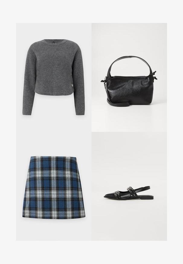 Pull en tricot gris à manches longues, col rond et boutons décoratifs sur le côté. Texture douce et design court.; Jupe en tartan bleu présentant un motif à carreaux varié en bleu, noir et blanc. Fabriquée dans un tissu texturé avec une silhouette ajustée.; Even&Odd by Zalando Ballerines à brides arrière - black; Sac à main en cuir noir au design structuré, avec une poignée arrondie et une bandoulière amovible. Présente une texture lisse et un éclat subtil.