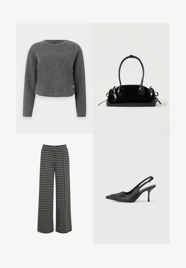 Pull en tricot gris à manches longues, col rond et boutons décoratifs sur le côté. Texture douce et design court.; ICHI IHKATE - Pantalon classique - vetiver; Escarpin en cuir noir à talon aiguille avec un bout pointu, une bride latérale à boucle, des clous le long du bord et un laçage décoratif à l'avant.; Petit sac à main noir brillant avec deux longues anses et des détails à cordon sur les côtés sur un fond clair uni.