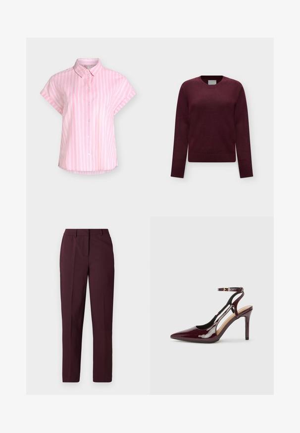 Pull en tricot rouge foncé à manches longues avec col rond, poignets et ourlet côtelés, présenté sur un fond gris clair uni.; Chemise rose à manches courtes avec des rayures blanches verticales, une patte de boutonnage sur le devant et un col pointu, présentée sur un fond uni.; Pantalon droit bordeaux avec une texture lisse, présentant un devant plat et sans poches visibles. Coupe ajustée avec une coupe classique.; Chaussure à talon haut en cuir verni bordeaux avec bout pointu, sangle de cheville et découpes sur les côtés. Fini élégant et brillant.