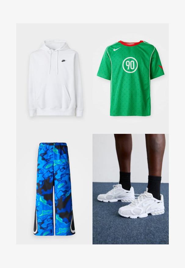 Biela mikina s kapucňou, predným vačkom, šnúrkou na kapucni a malým čiernym logom Nike na ľavej strane hrude.; Zelené športové tričko Nike s krátkymi rukávmi, bielymi akcentmi, vzorom s bodkami a kruhovým bielym logom "90" v strede. Červený golier.; Modré a čierne široké nohavice s abstraktným vzorom, s elastickým pásom a zipsovými bočnými vreckami na jednoduchom pozadí.; Biele športové topánky s priedušnou sieťovinou, textúrovanými akcentmi a polstrovanou podrážkou. Kombinované s čiernymi rebrovanými členkovými ponožkami na modrom kobercovom povrchu.