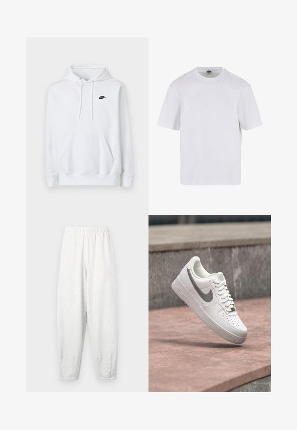 Witte hoodie met voorzak, trekkoord in de kap en klein zwart Nike-logo op de linkerborst.; Witte kraagloze t-shirt met korte mouwen, gemaakt van katoen. Heeft een ronde halslijn en een losse pasvorm. Soepele textuur, minimalistisch ontwerp, geen patronen of accenten.; Lichtgrijze sweatpants gemaakt van zachte stof, met een elastische tailleband, taps tolopende benen en enkelmanchetten. Eenvoudig ontwerp zonder patronen.; Witte Nike Air Force 1 sneaker met grijs swoosh-logo zwevend boven een stenen oppervlak en een grijze stenen muur op de achtergrond.